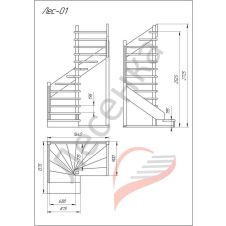 Деревянная лестница Лес 01 высота 2525-2720 мм, ширина 1640-900 мм